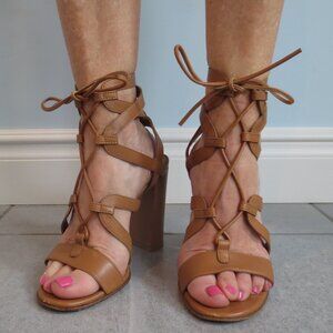 GIANVITO ROSSI Chunky Heel Tan Leather Lace Up High Heel Sandals